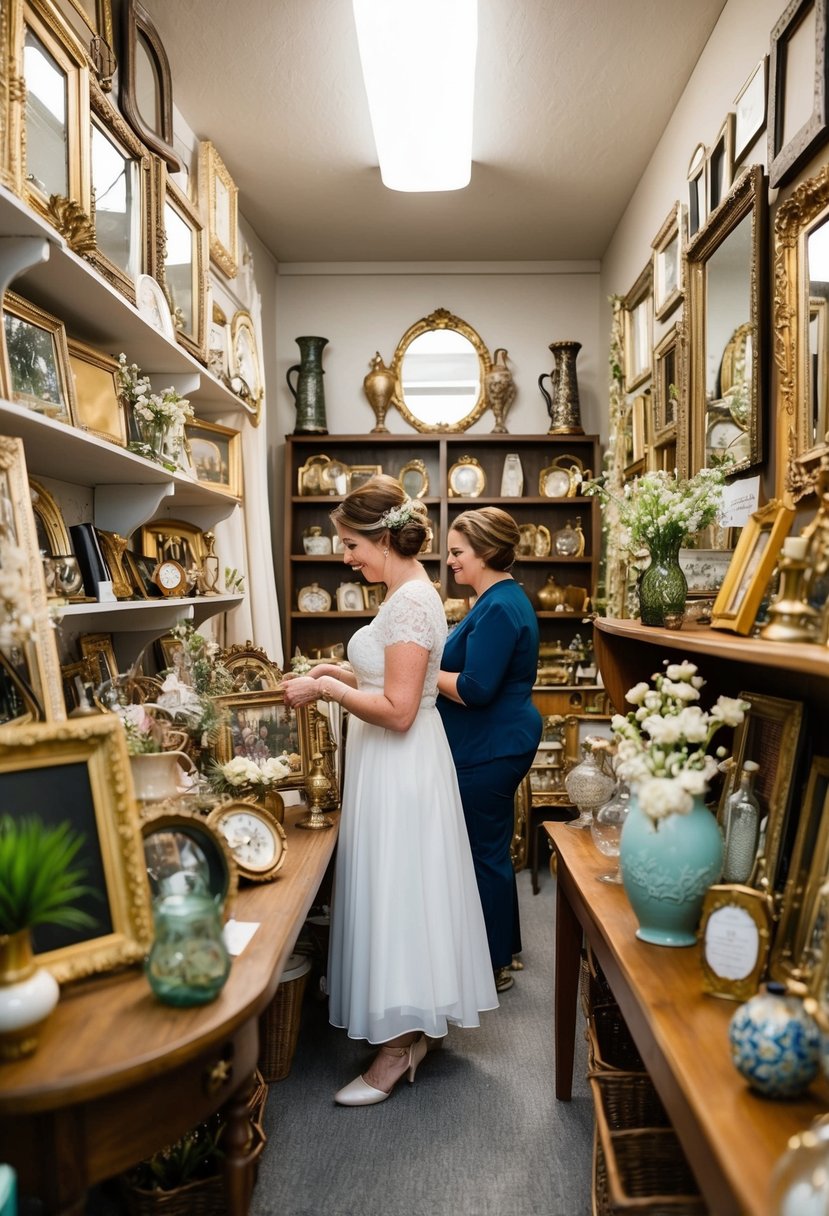 A cozy thrift shop filled with vintage decor: old picture frames, vintage vases, and unique trinkets. A bride-to-be browses for affordable wedding ideas