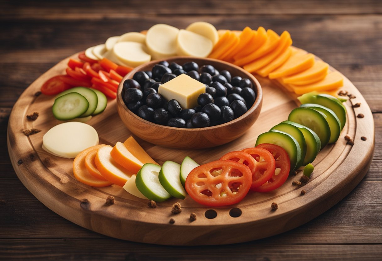 A colorful array of Pepper Jack cheese circles arranged on a wooden board with various keto-friendly circus snack alternatives surrounding them