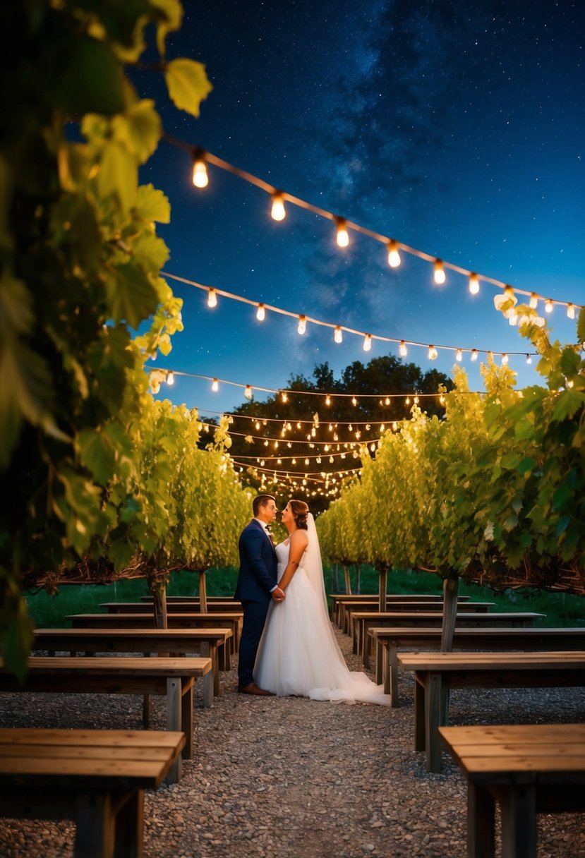 A charming outdoor wedding in a rustic vineyard with string lights and wooden benches under a starry night sky