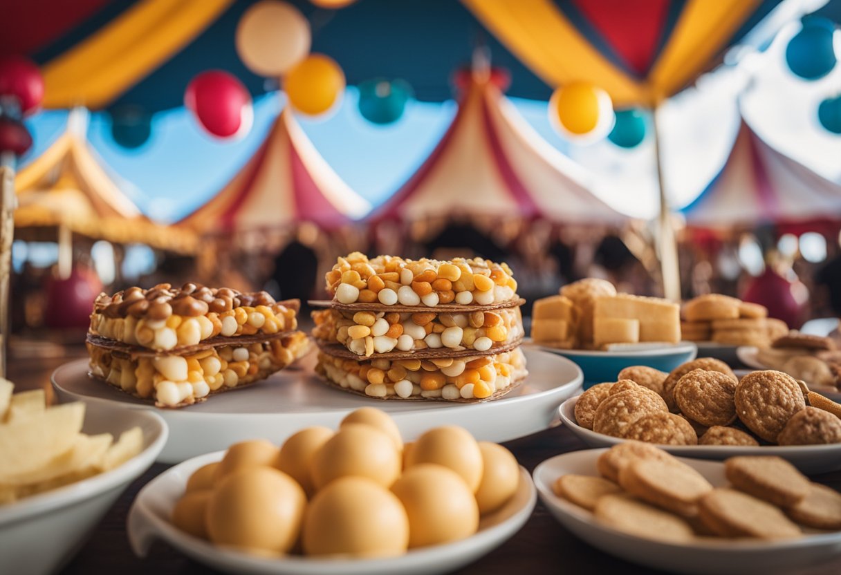 A colorful circus tent with a variety of keto snack options displayed on a table, including Nutty Butter Spheres