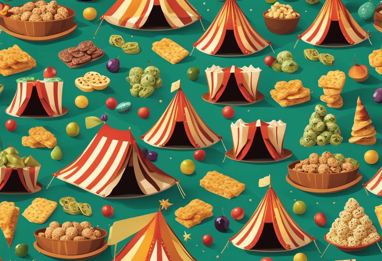 A colorful circus tent with 20 keto snack options displayed on a table, surrounded by olive gems and vibrant decorations