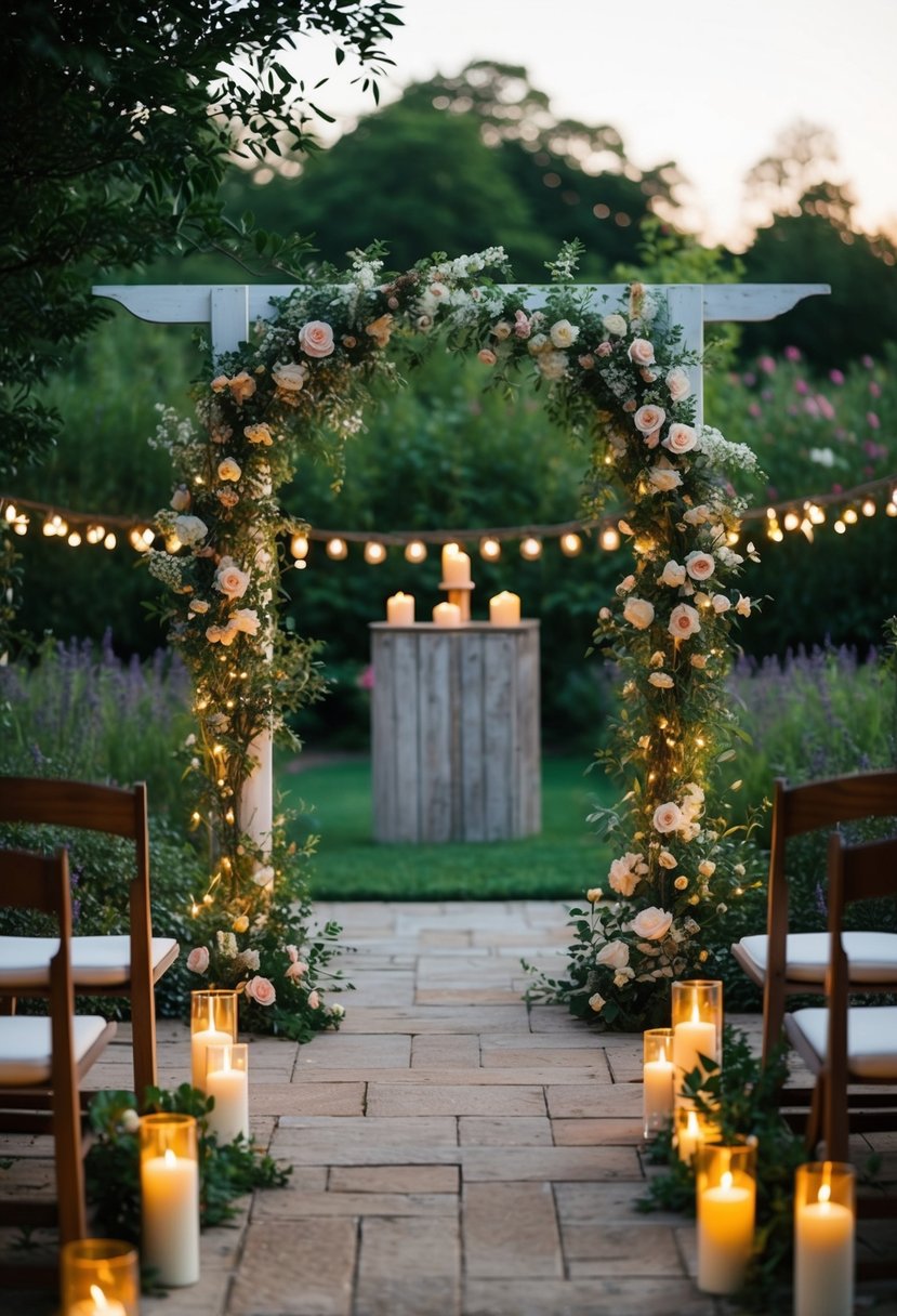 A serene garden with fairy lights and candles, casting a warm glow over a floral arch and a rustic wooden altar