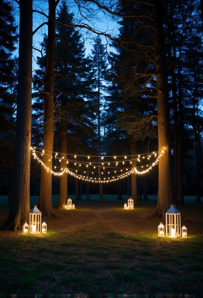 A serene woodland clearing at twilight, adorned with fairy lights and lanterns, surrounded by towering trees and a soft, romantic ambiance