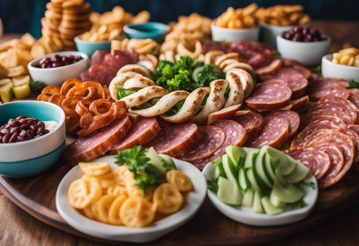 A colorful circus-themed platter featuring 20 savory salami twirls and other keto-friendly snacks