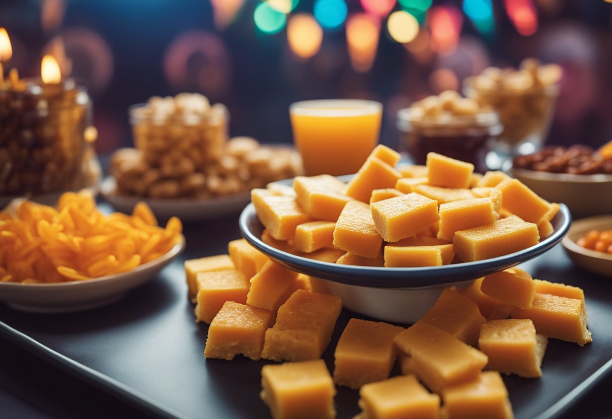 A plate of crispy cheddar sticks surrounded by colorful keto-friendly snacks at a circus-themed party