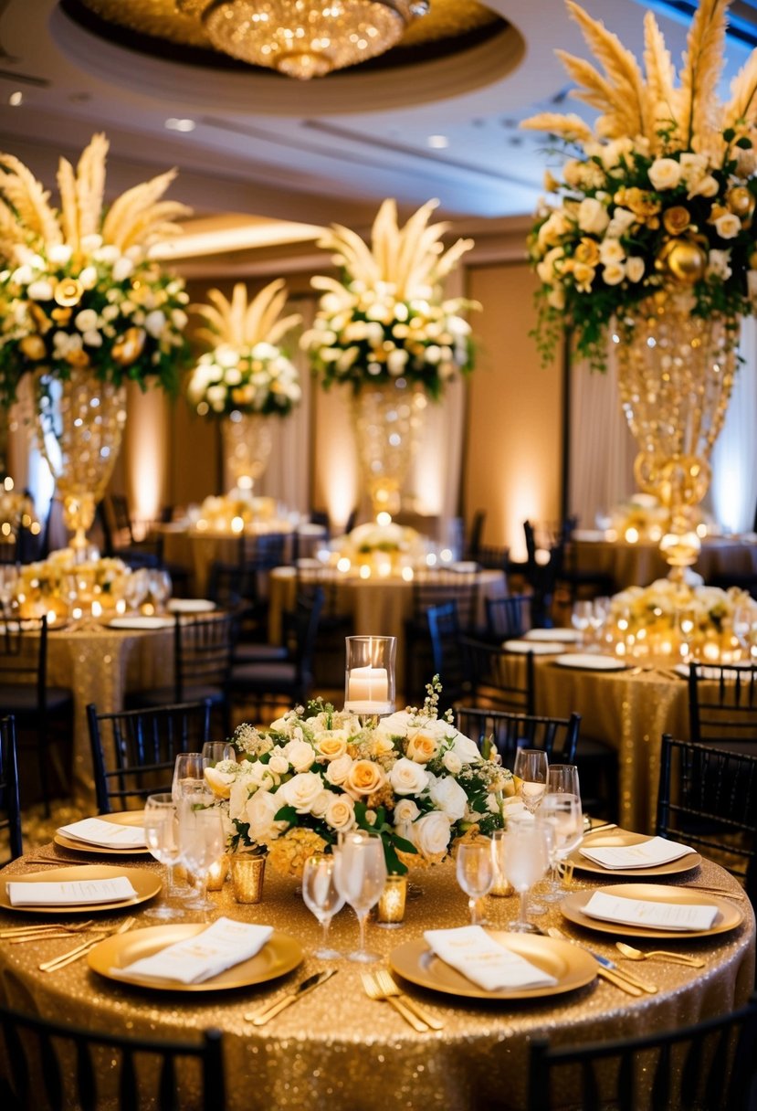 A lavish gold-themed wedding reception with glittering decor, golden table settings, and opulent floral arrangements