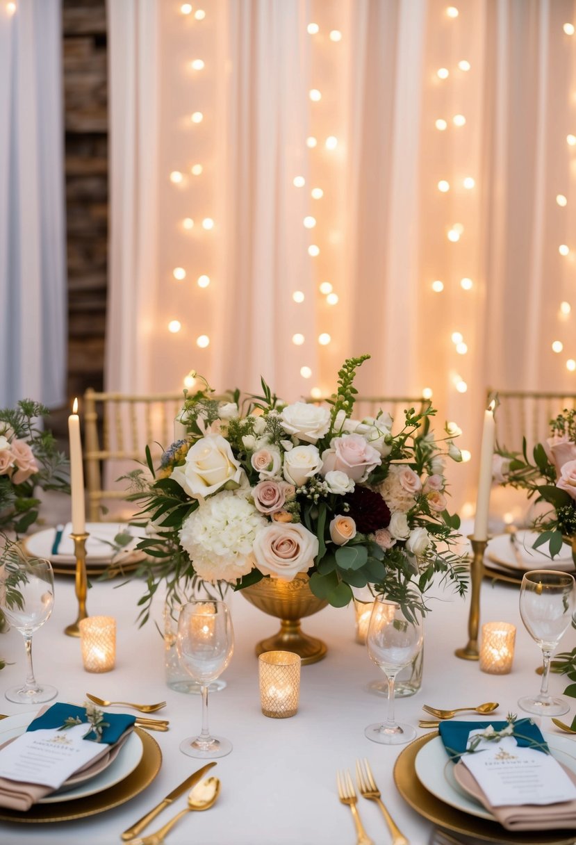 A table adorned with flowers, candles, and elegant place settings. A backdrop of twinkling lights and draped fabric creates a romantic atmosphere for a wedding shower