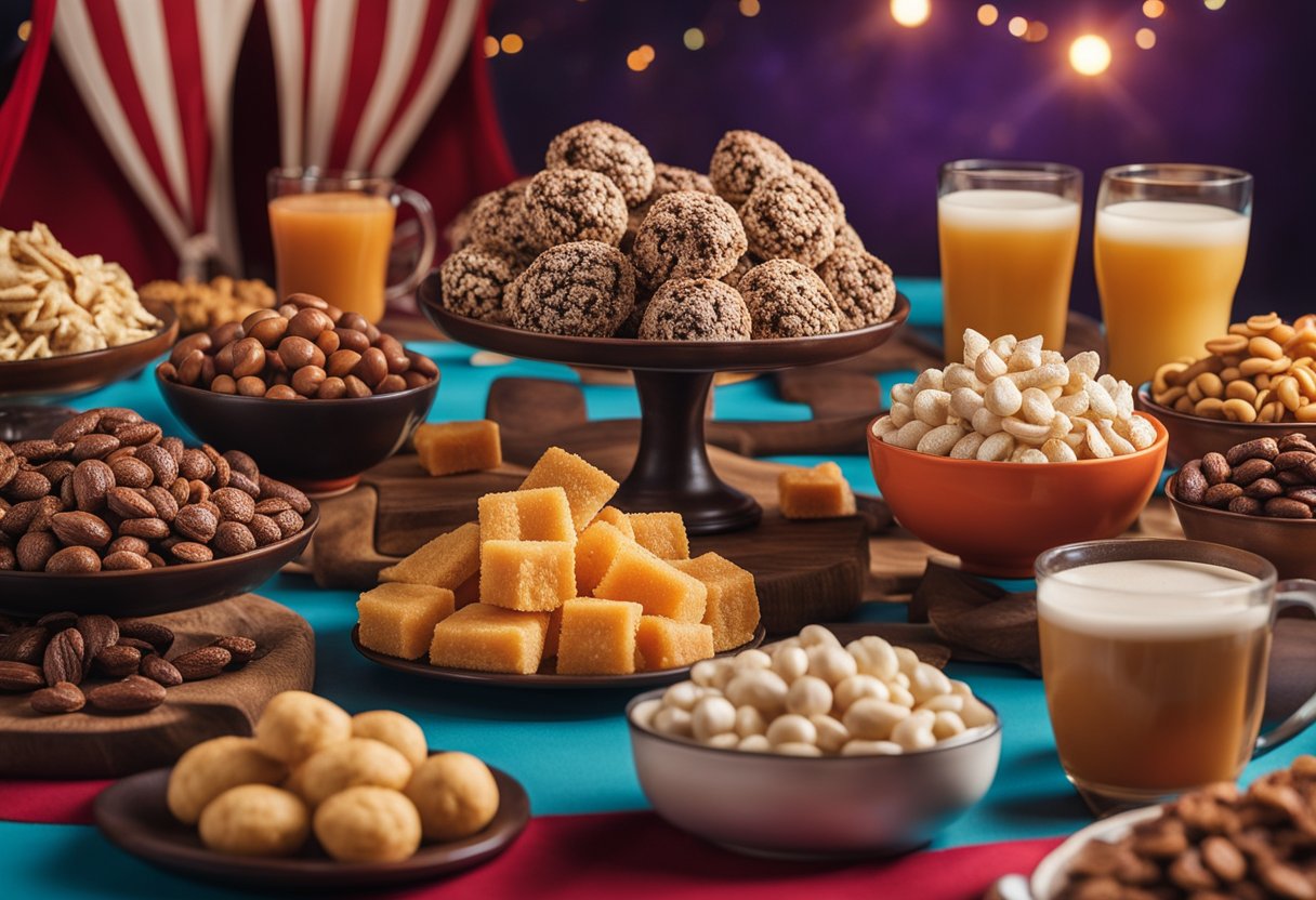 A colorful circus tent with a variety of keto-friendly snack options displayed on a table, including cocoa hazelnut drops