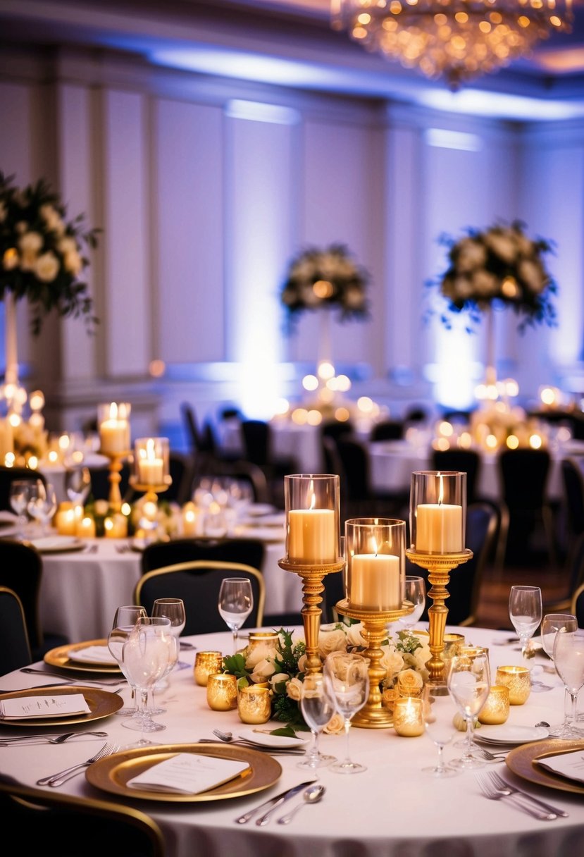 A grand banquet table adorned with shimmering gold candle centerpieces