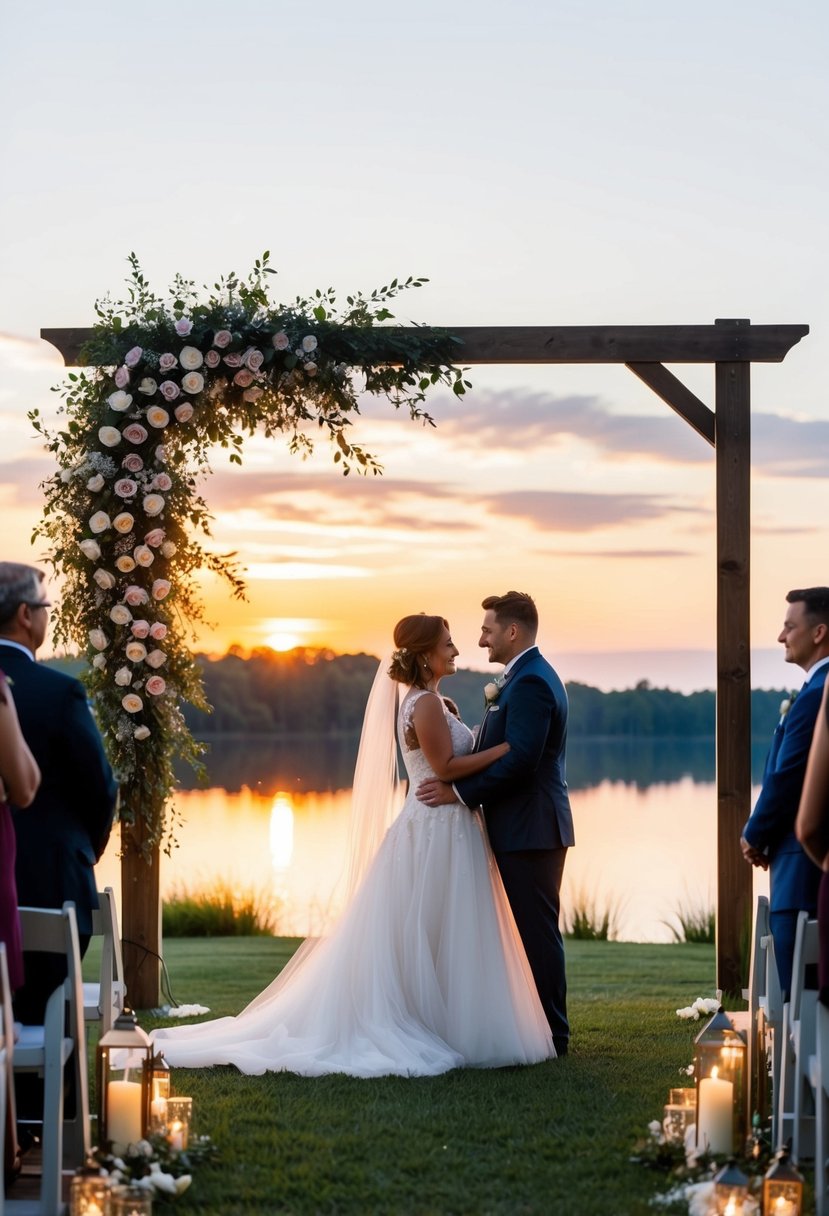 An outdoor evening ceremony with twinkling lights, a flower-adorned arch, and a sunset backdrop over a tranquil lake