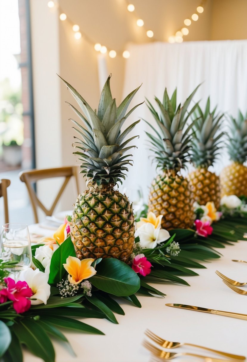 A table adorned with pineapple centerpieces, tropical flowers, and leafy greenery for a wedding shower celebration