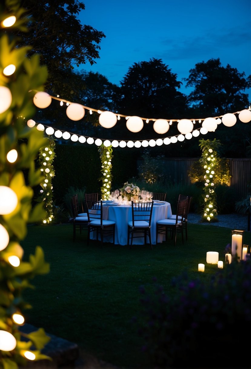 A dimly lit garden adorned with glow-in-the-dark decorations, casting an enchanting glow over a twilight wedding celebration