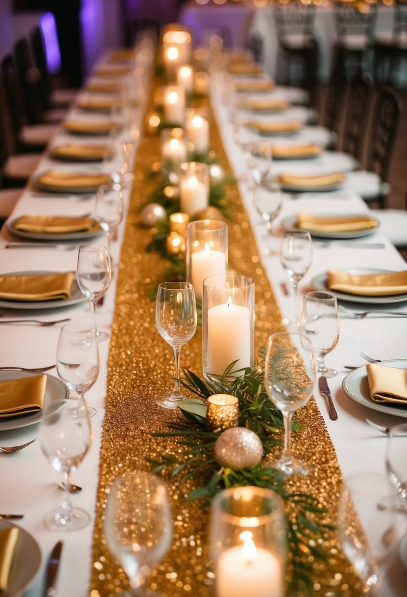 A banquet table adorned with sparkling gold runners at a luxurious wedding reception