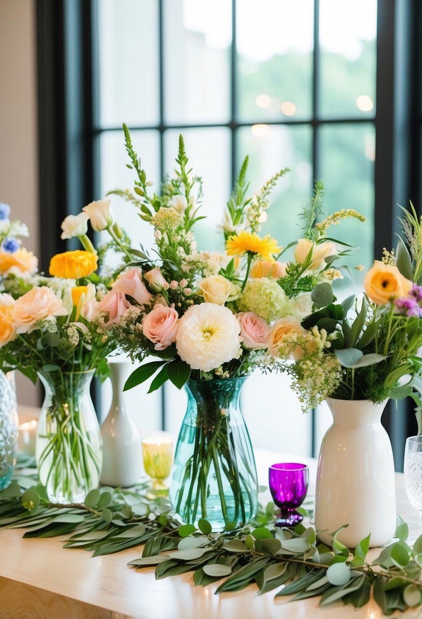 A table with assorted flowers, vases, and greenery arranged for a bridal shower flower bar