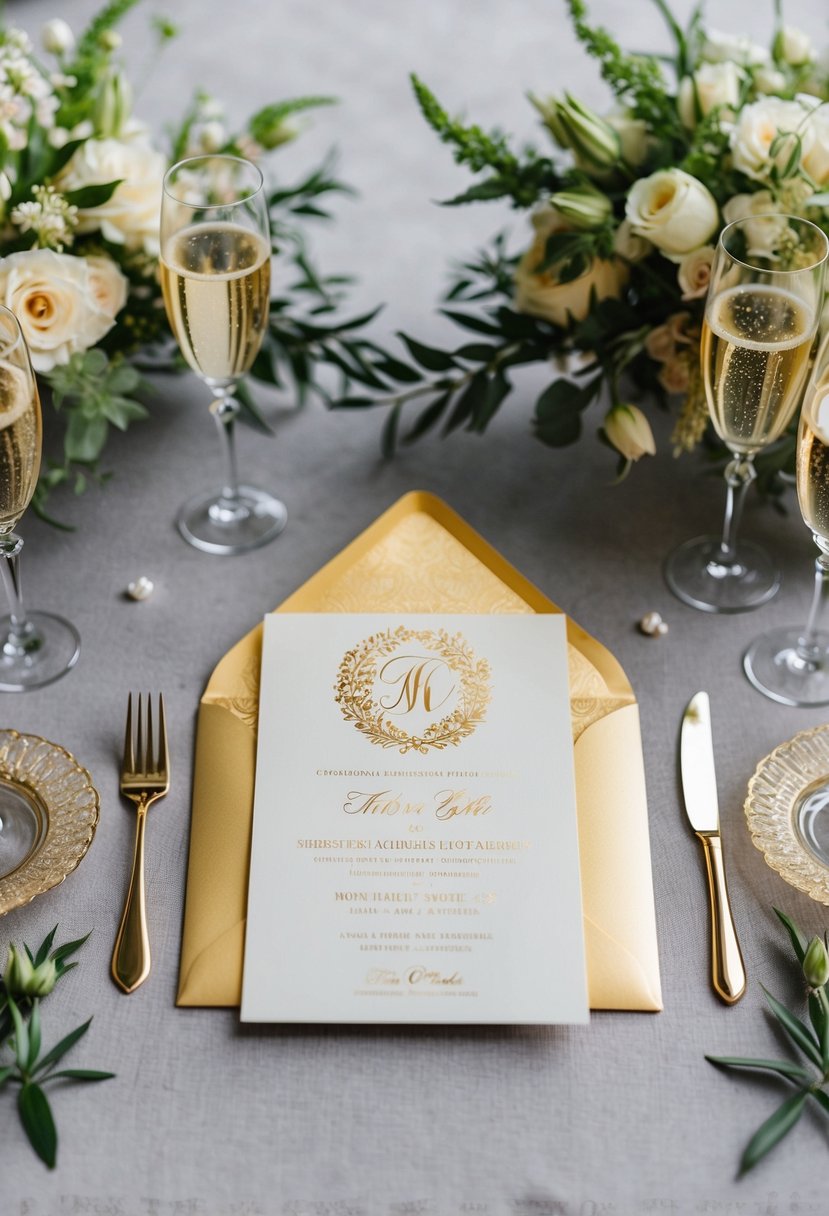 A luxurious, gold monogrammed invitation surrounded by elegant floral arrangements and sparkling champagne glasses