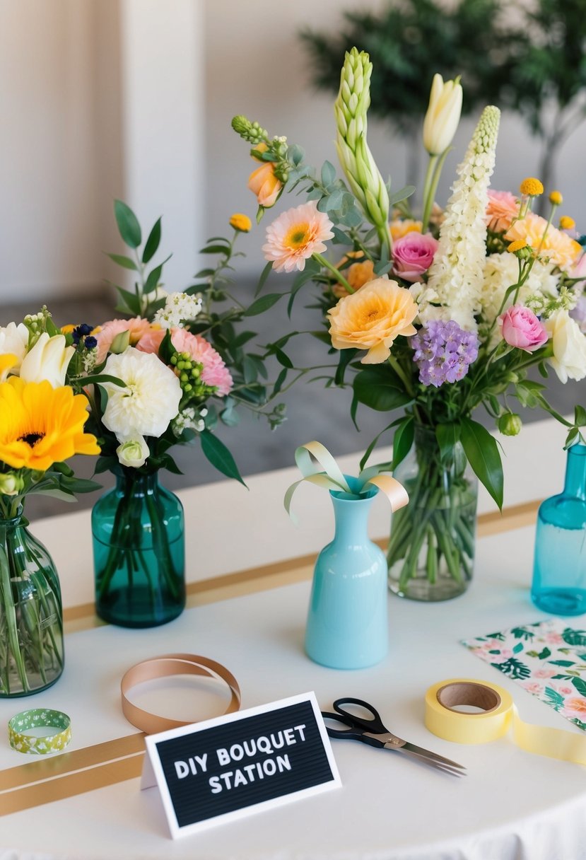 A table with assorted flowers, vases, and ribbon. Scissors, tape, and decorative paper nearby. A sign reads "DIY Bouquet Station."