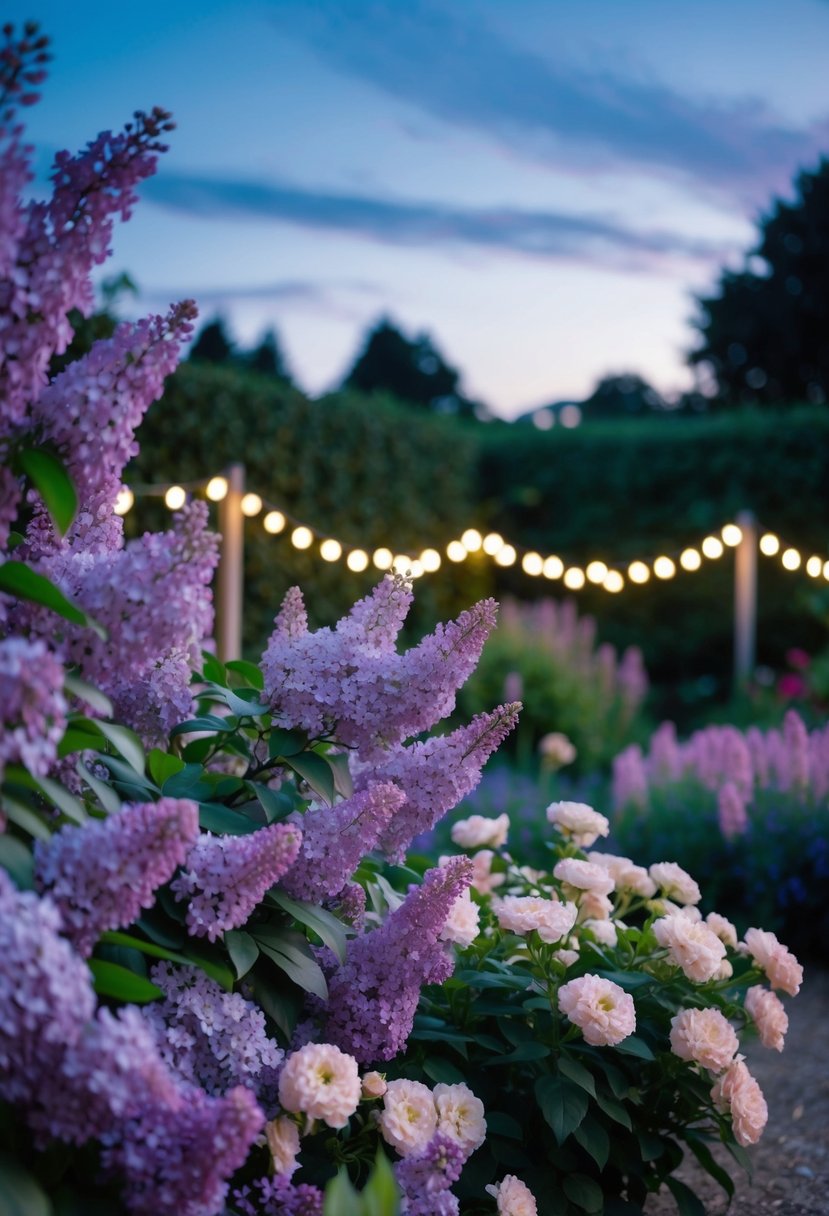 A garden filled with lilac and pale pink flowers under a twilight sky, with soft fairy lights twinkling in the background