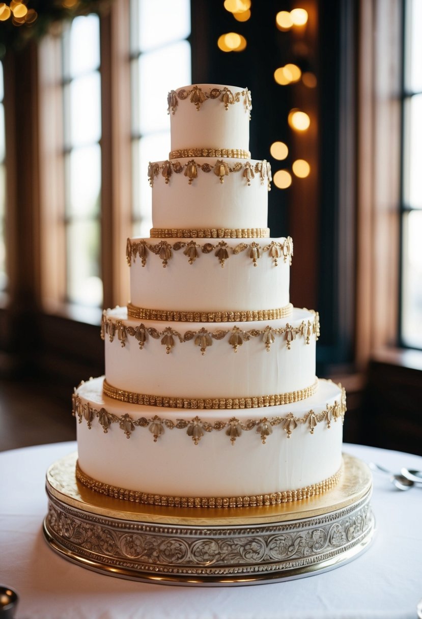 A three-tiered wedding cake adorned with gold embellishments and intricate detailing