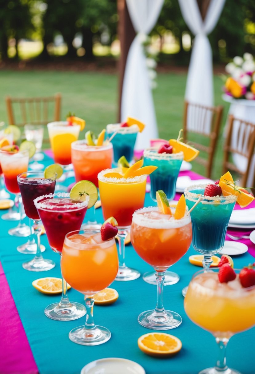 A colorful array of custom cocktails arranged on a decorated table at a wedding shower, with elegant glassware and fresh fruit garnishes