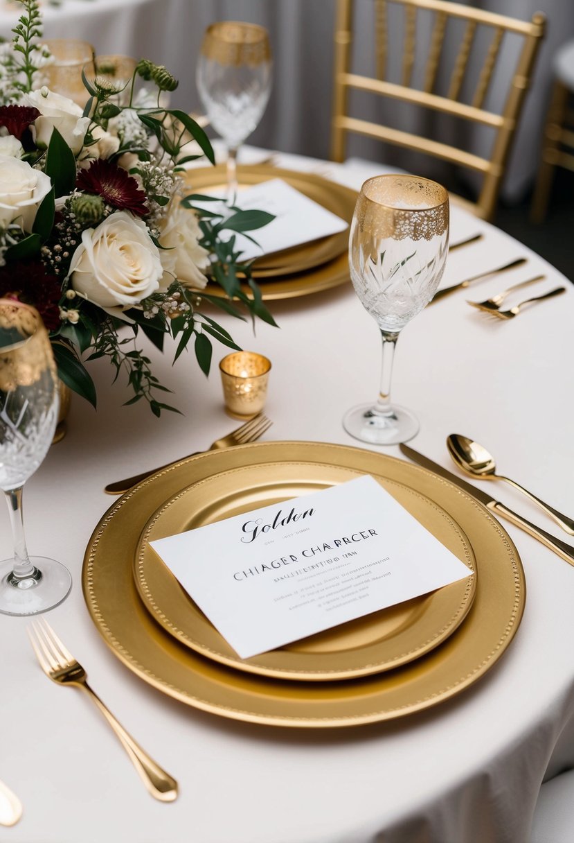 Golden charger plates arranged on a table with elegant tableware and floral centerpieces for a luxurious wedding reception