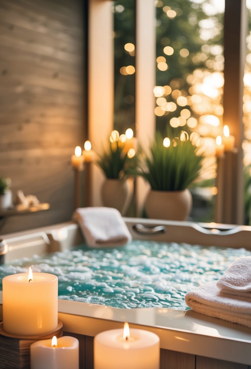 A serene spa setting with a bubbling hot tub, plush robes, and fragrant candles