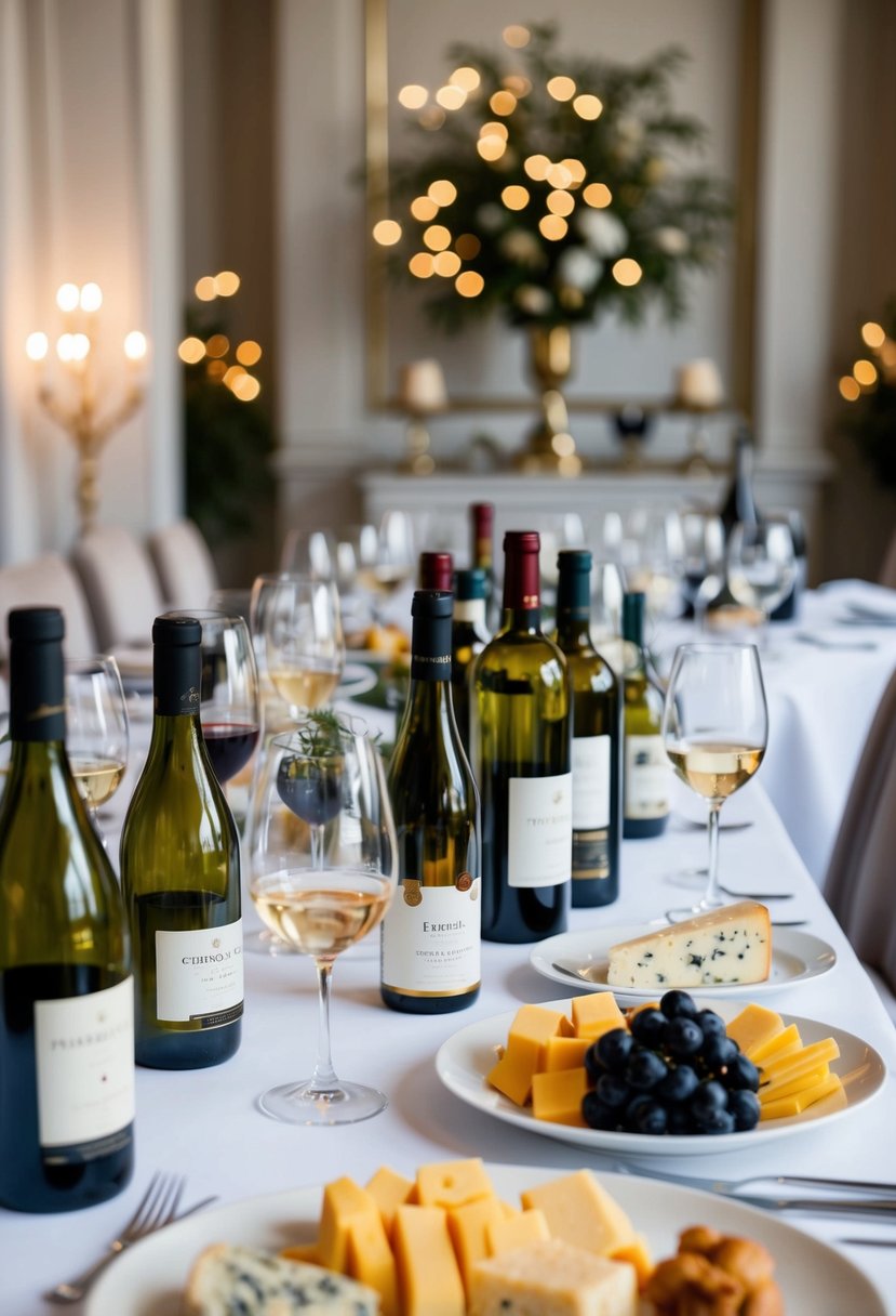 A table set with various wine bottles, glasses, and cheese platters, surrounded by elegant decor and soft lighting