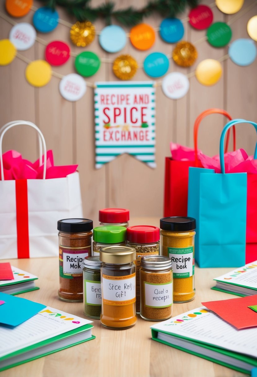 A table adorned with jars of colorful spices, recipe books, and gift bags. A festive banner with "Recipe and Spice Gift Exchange" hangs in the background