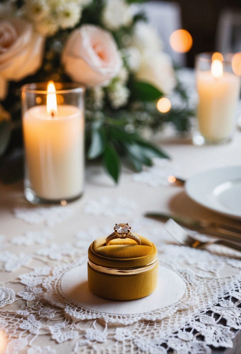 A gold velvet ring box sits on a white lace tablecloth with soft candlelight illuminating the elegant wedding setting