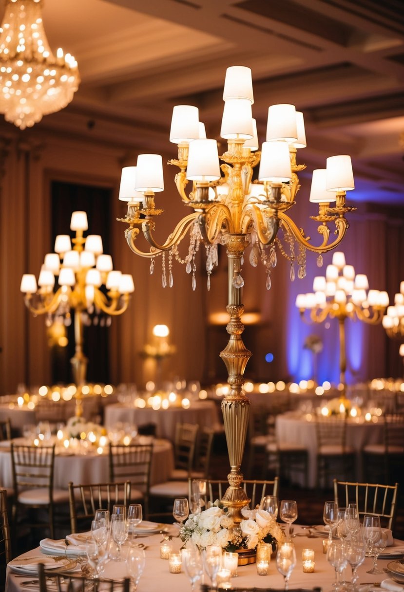 A grand ballroom adorned with vintage gold candelabras, casting a warm glow over a luxurious wedding reception