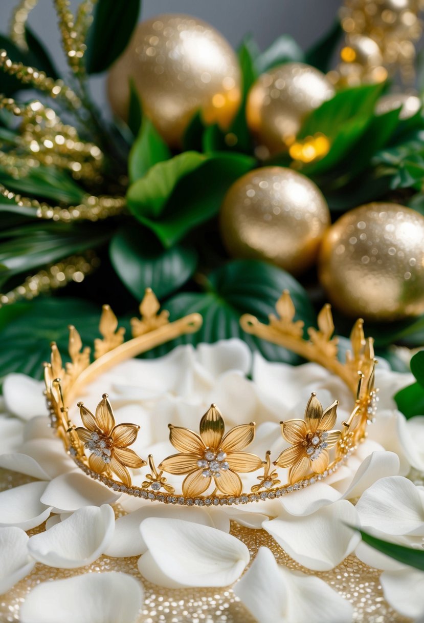 A golden flower tiara rests on a bed of delicate white petals, surrounded by shimmering gold wedding decor and lush green foliage