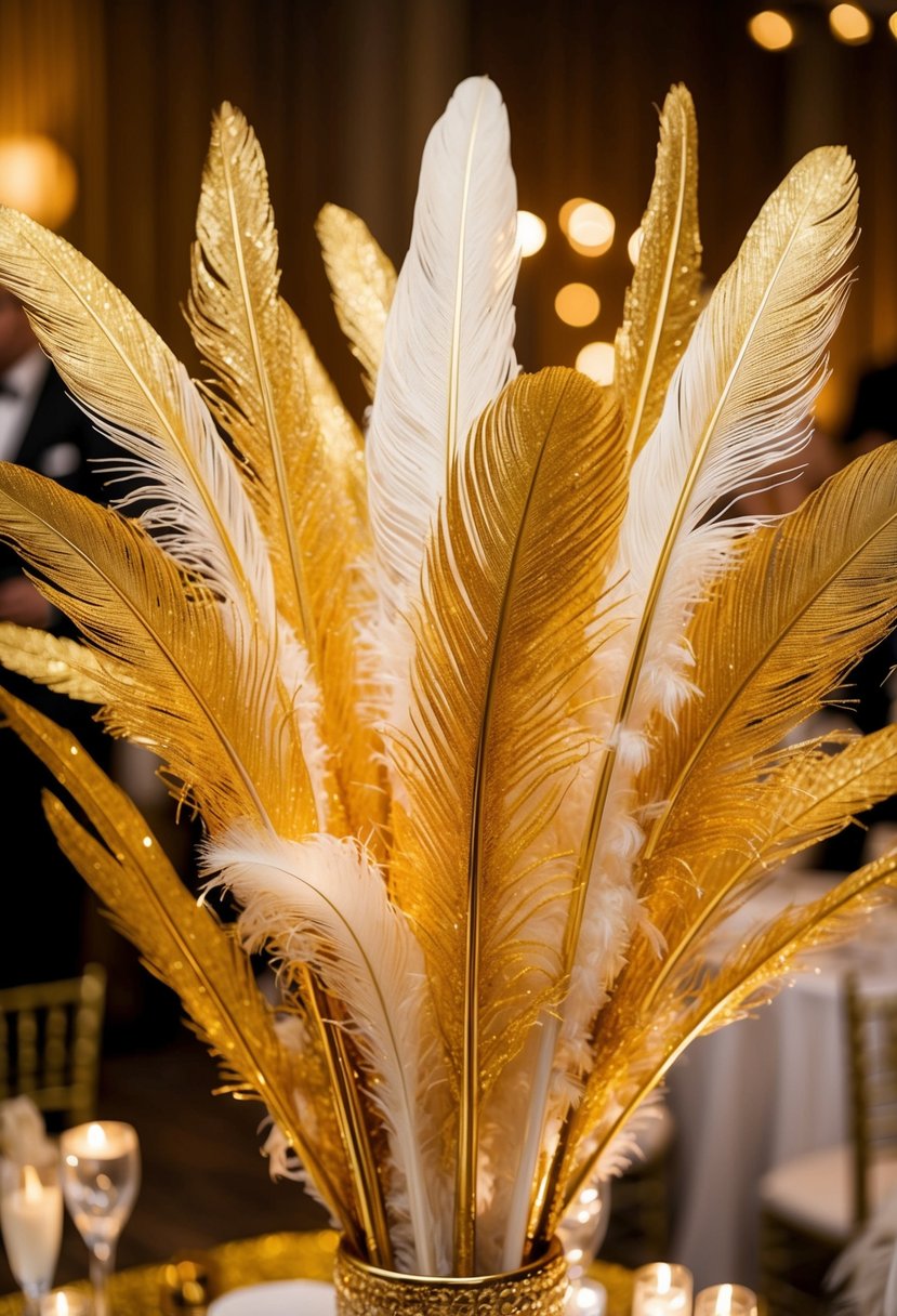 Golden feathers dipped in shimmering gold paint arranged in an ornate display for a luxurious wedding theme