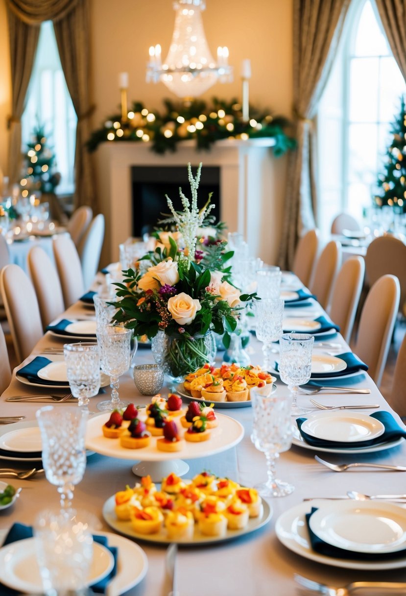 A table set with elegant dinnerware, sparkling glassware, and floral centerpieces. A variety of appetizers and desserts are displayed on trays, surrounded by festive decorations