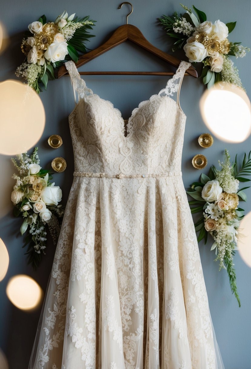 A gold lace wedding gown hanging on a vintage wooden hanger, surrounded by shimmering gold accessories and delicate floral arrangements