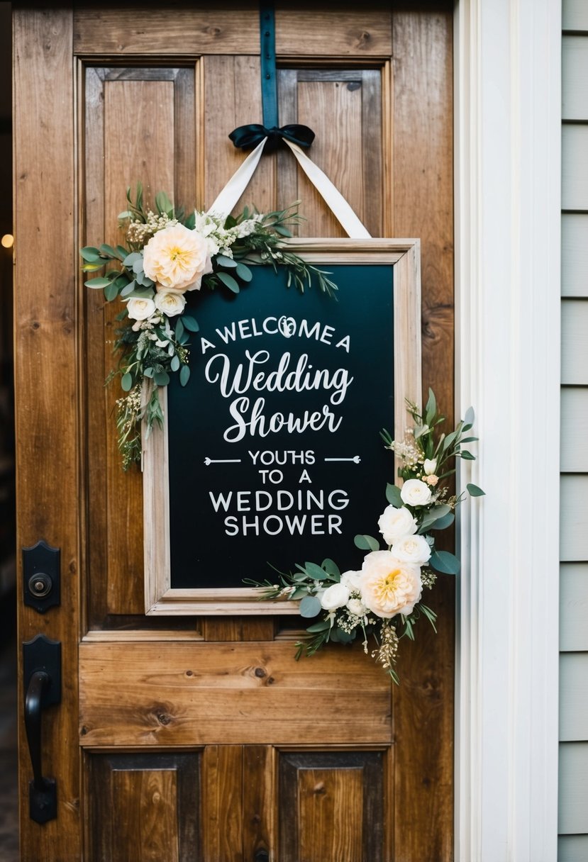 A chalkboard sign adorned with floral decorations, hanging on a rustic wooden door, welcoming guests to a wedding shower