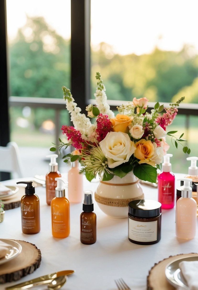 A table adorned with homemade beauty products and floral arrangements for a wedding shower