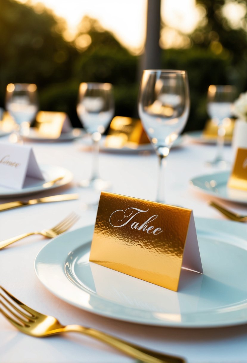 A table set with elegant gold foil name cards for a wedding event