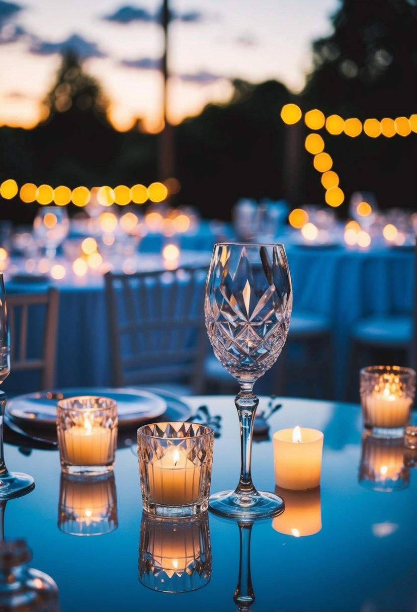 A twilight wedding scene with crystal and glass decor, reflecting the soft glow of candles and fairy lights