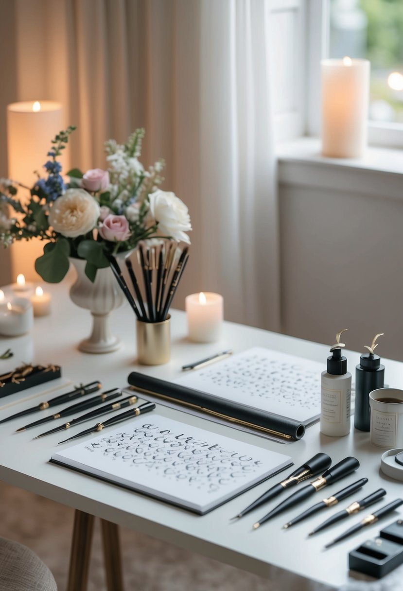 A serene setting with elegant calligraphy tools and materials arranged on a table, surrounded by floral decor and soft lighting