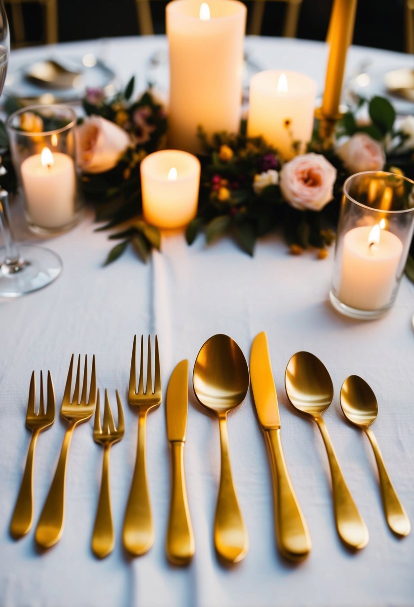 A golden cutlery set arranged on a white tablecloth, with elegant floral decorations and soft candlelight creating a romantic ambiance