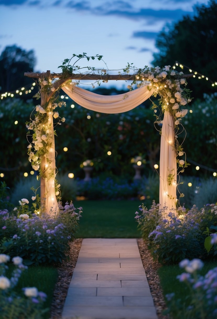 A serene twilight garden with blooming flowers, twinkling fairy lights, and a rustic arch adorned with delicate vines and soft drapery