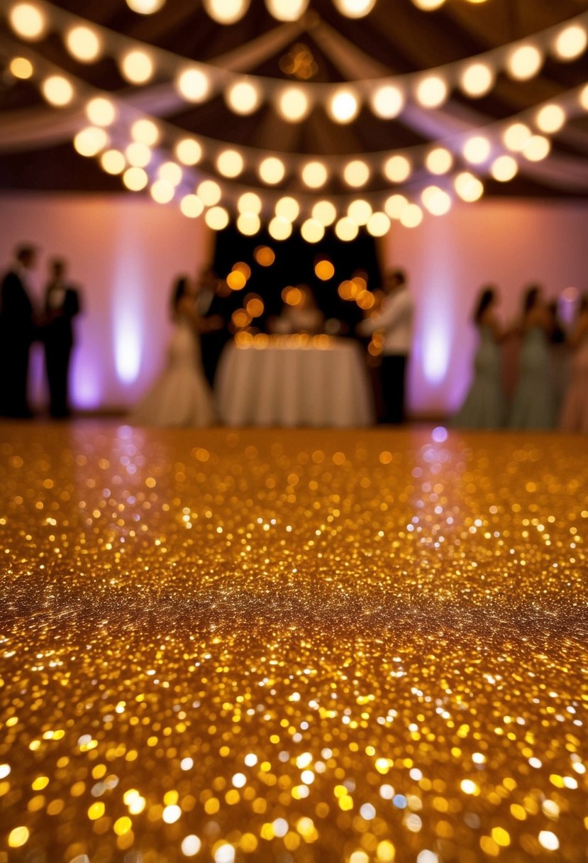 A sparkling gold glitter dance floor shimmers under the warm glow of twinkling lights, creating a magical and romantic atmosphere for a wedding celebration