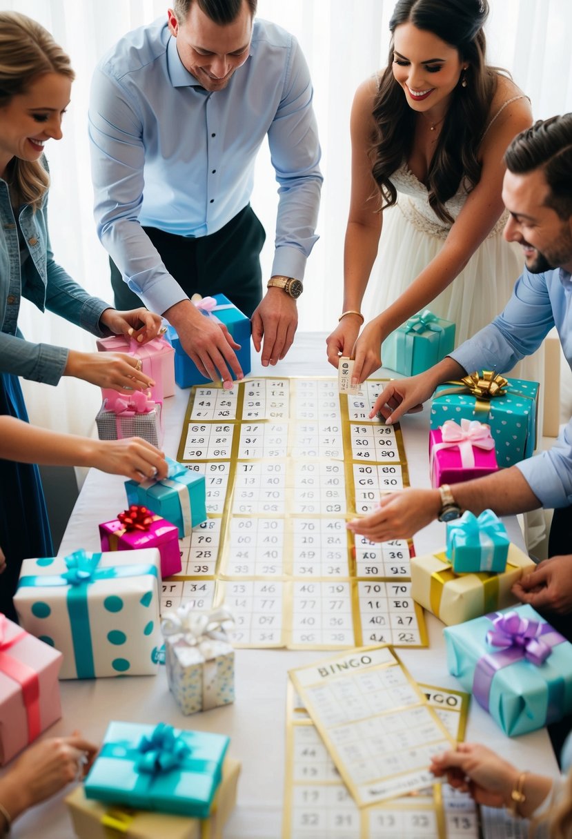 A group of friends and family gather around a table filled with wrapped gifts, eagerly marking off their bingo cards as the bride-to-be opens each present