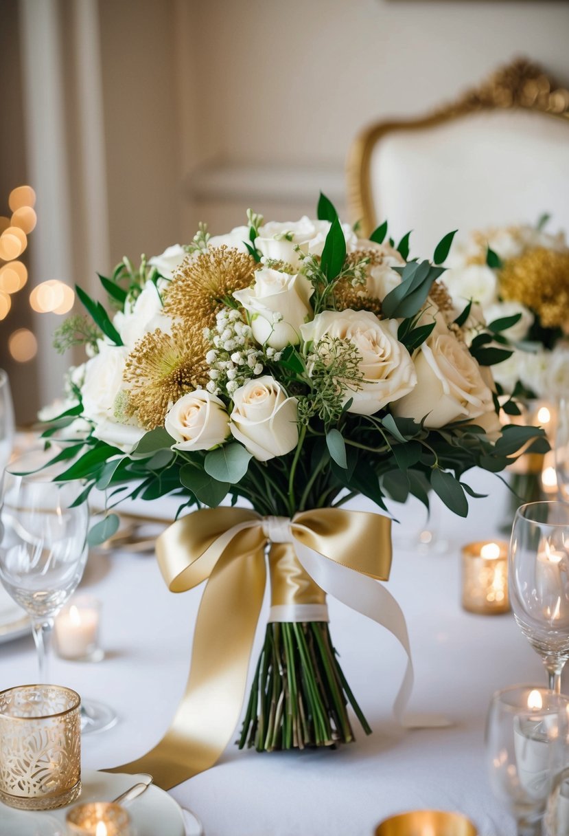 A gold and white bouquet tied with ribbons, surrounded by elegant wedding decor