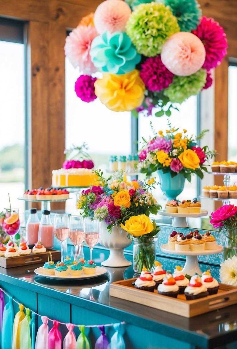 A festive wedding shower scene with colorful decorations, flowers, drinks, and desserts displayed on a bar counter