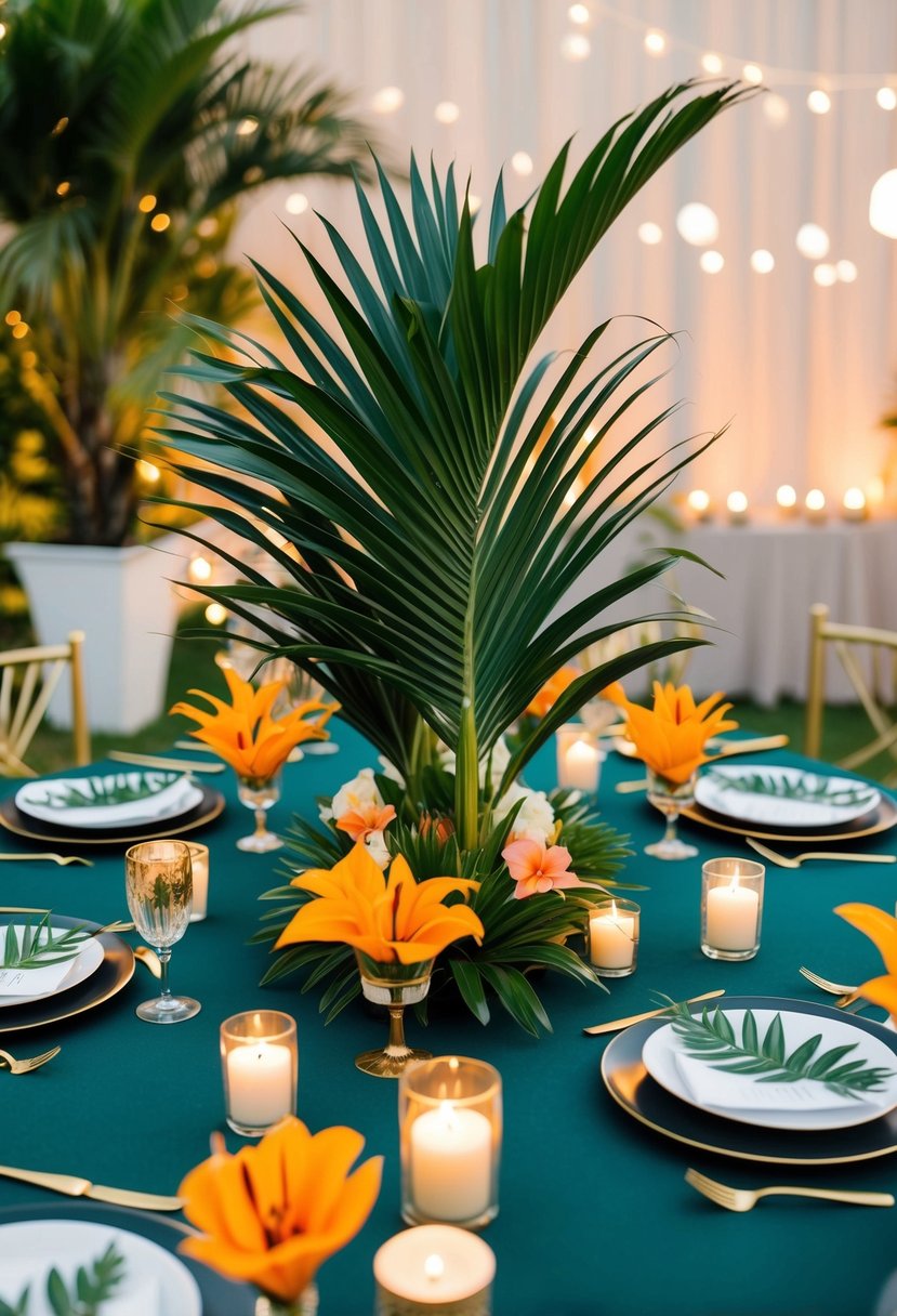 A table adorned with palm leaf centerpieces, surrounded by tropical flowers and candles