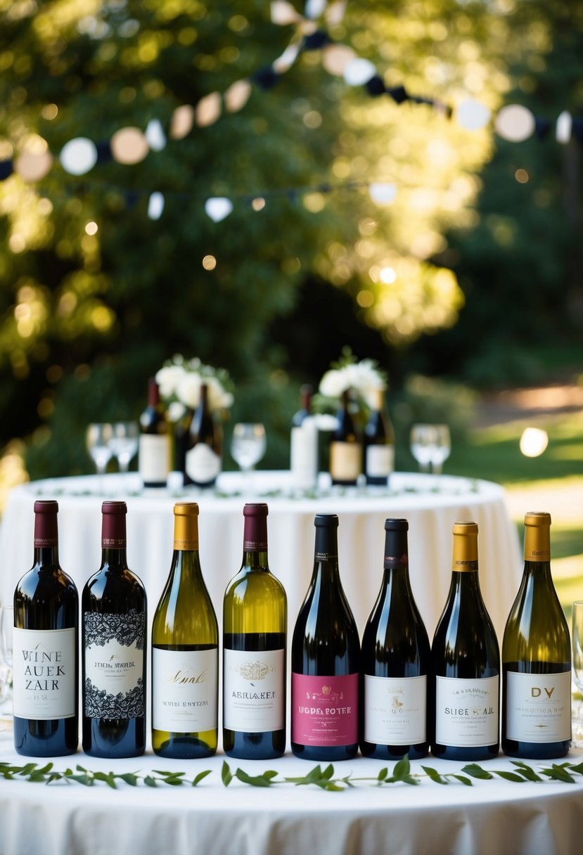 A table with various wine bottles, each with a uniquely designed label, arranged as part of a wedding shower display