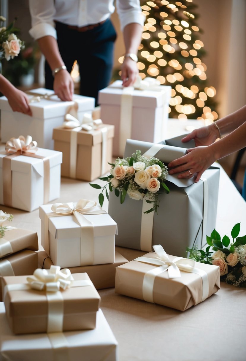 A table with various wedding gifts being wrapped in elegant paper and adorned with ribbons and flowers