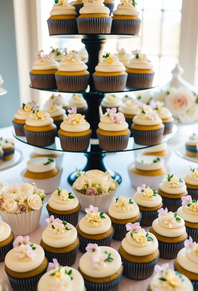 A table adorned with an array of elegantly decorated wedding cupcakes, featuring delicate floral designs and intricate icing details