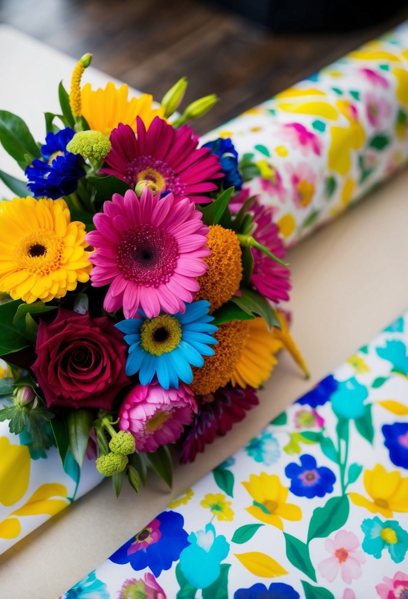 A bouquet of vibrant, printed flowers adorns a roll of wrapping paper, ready to be used for wedding gift wrapping