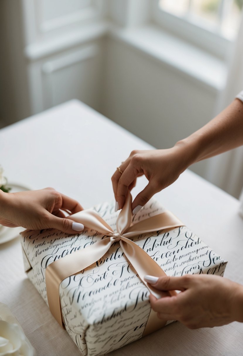 A pair of delicate hands gracefully wrap a wedding gift in elegant calligraphy-adorned paper, tying it with a luxurious satin ribbon